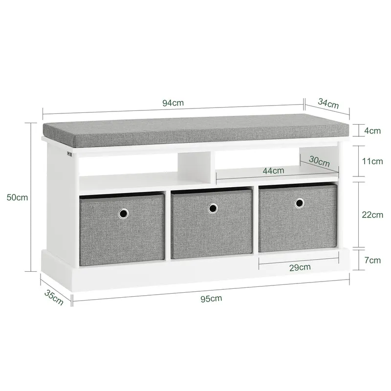 SoBuy FSR67-HG Banc à Chaussures avec Coussin Rembourré, 2 Compartiments et 3 Paniers pour Entrée – 96x35x50 cm, Gris