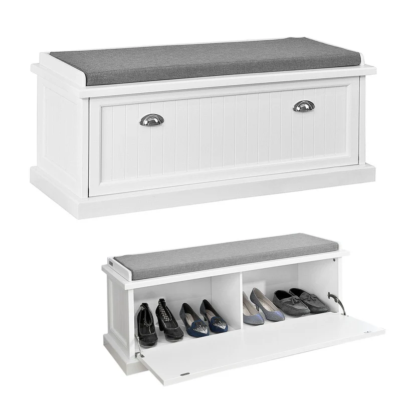 SoBuy FSR41-W Banc à Chaussures avec Coussin Rembourré et Rangement pour Entrée Couloir – 105x34x44 cm, Blanc