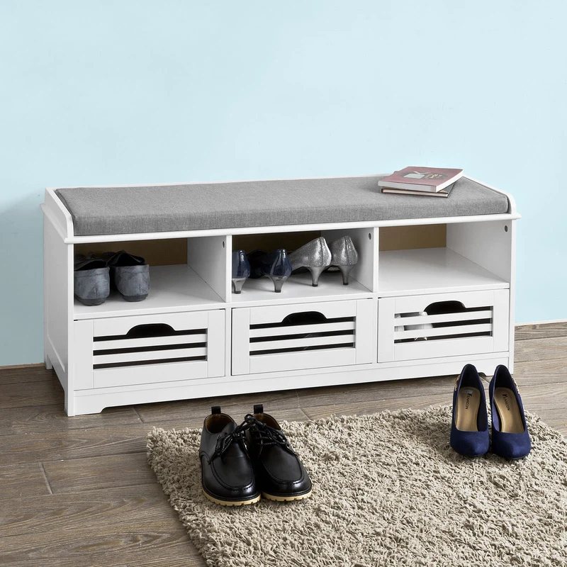 SoBuy FSR36-W Banc à Chaussures avec Coussin Rembourré et Rangement, Meuble d'Entrée – 105x35x43 cm, Blanc