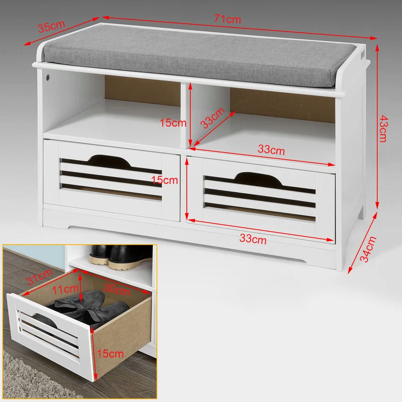 SoBuy FSR36-K-W Banc à Chaussures avec Coussin Rembourré et Rangement, Meuble d'Entrée Compact – 71x35x43 cm, Blanc