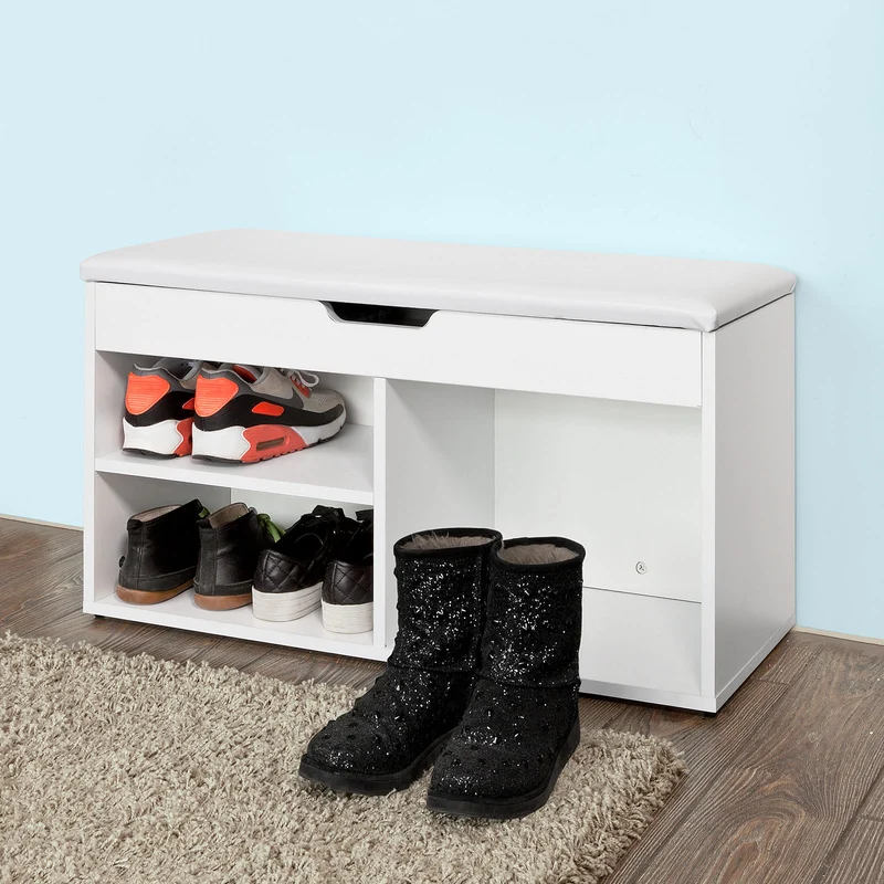 SoBuy FSR27-W Banc à Chaussures avec Coussin Rembourré et Rangement pour Bottes, Meuble d'Entrée – 80x30x47 cm, Blanc