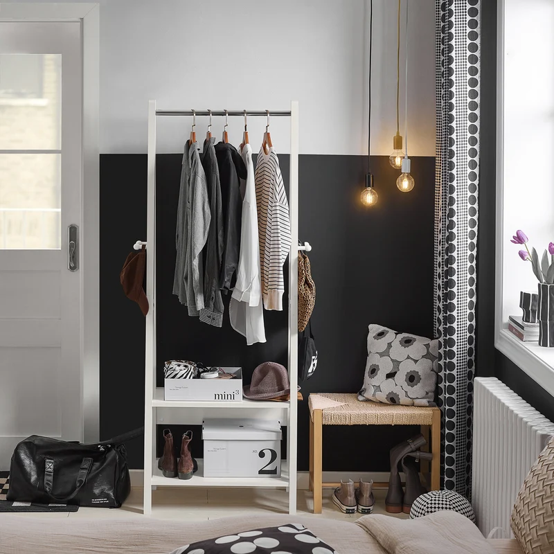 sebuyfr.comG59-W Porte-Vêtement en Bois Penderie à Vêtement Porte-Manteau avec Deux Étagères