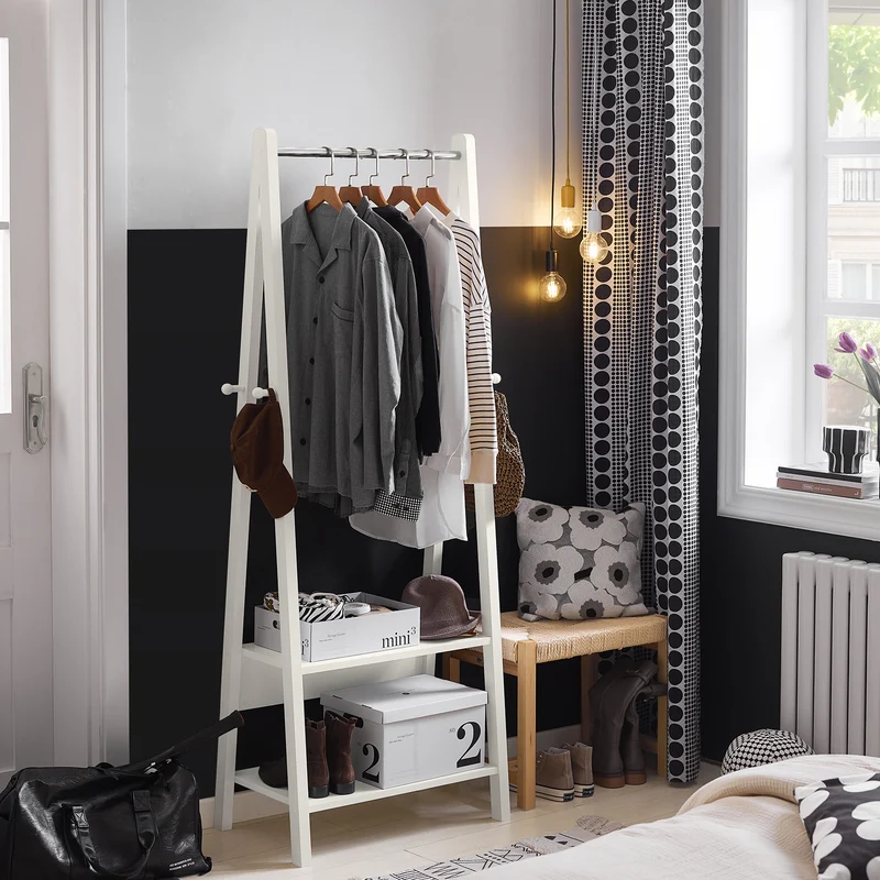 sebuyfr.comG59-W Porte-Vêtement en Bois Penderie à Vêtement Porte-Manteau avec Deux Étagères