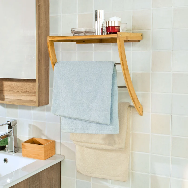 SoBuy FRG47-N Porte-serviettes mural en bambou et Inox avec 1 tablette et 3 barres