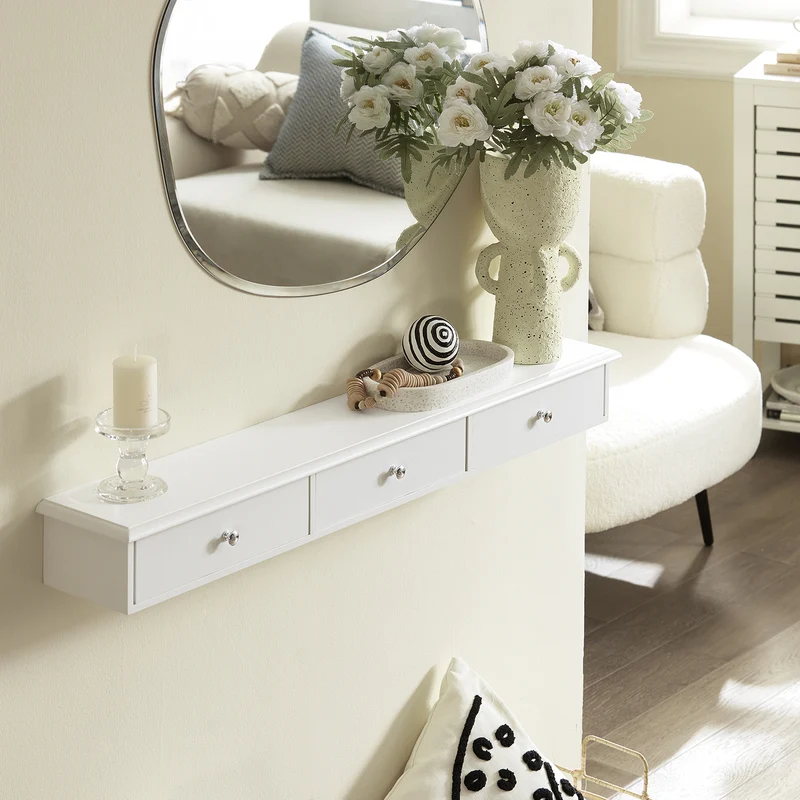 SoBuy FRG43-L-W Etagere Murale avec 3 Tiroirs - Étagère Flottante Moderne pour Entrée, Salon, Cuisine & Chambre - Blanc 94x15x10cm