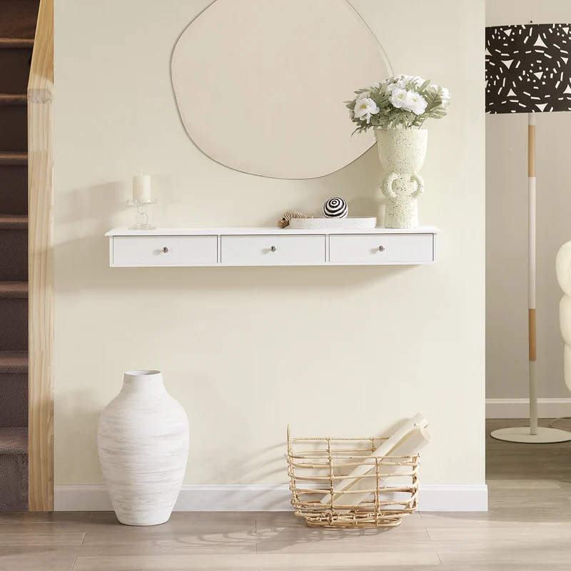 SoBuy FRG43-L-W Etagere Murale avec 3 Tiroirs - Étagère Flottante Moderne pour Entrée, Salon, Cuisine & Chambre - Blanc 94x15x10cm