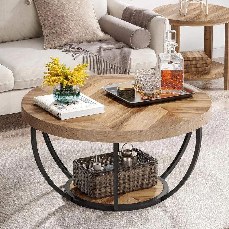 Tribesigns Table basse ronde, Table basse ovale en bois et metal noir