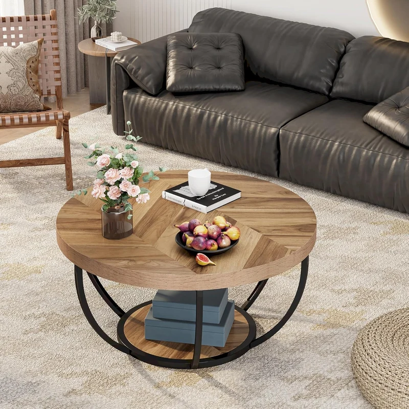 Tribesigns Table basse ronde, Table basse ovale en bois et metal noir