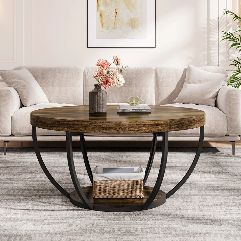 Tribesigns Table basse ronde, Table basse ovale en bois et metal noir