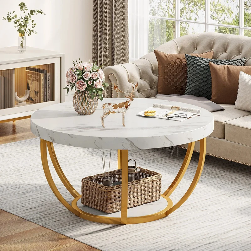 Tribesigns Table basse ronde, Table basse ovale en bois et metal noir