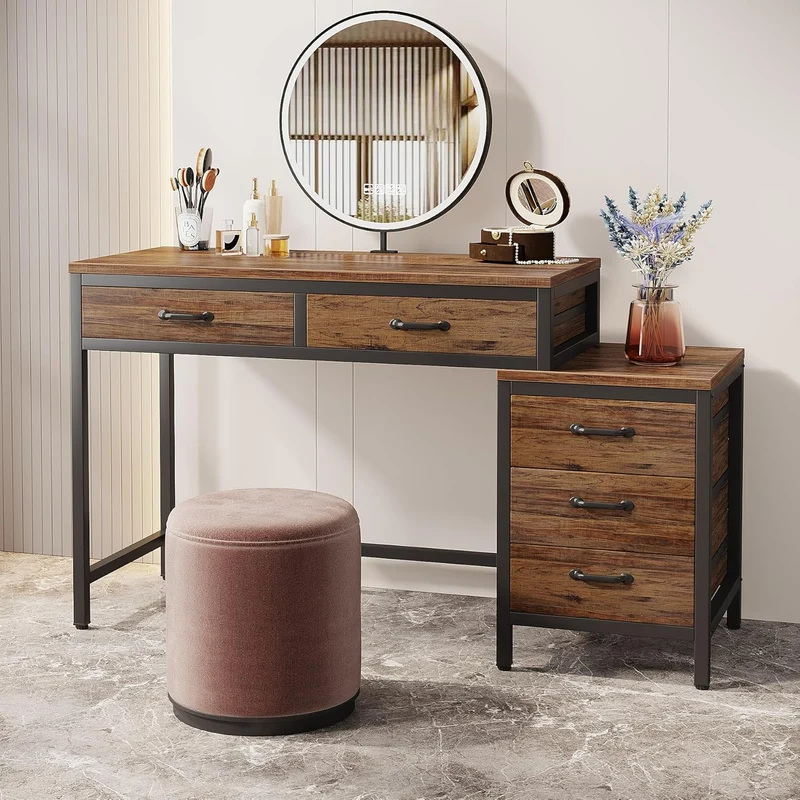 Tribesigns Coiffeuse avec 5 tiroirs, Coiffeuse avec commode latérale à 3 tiroirs
