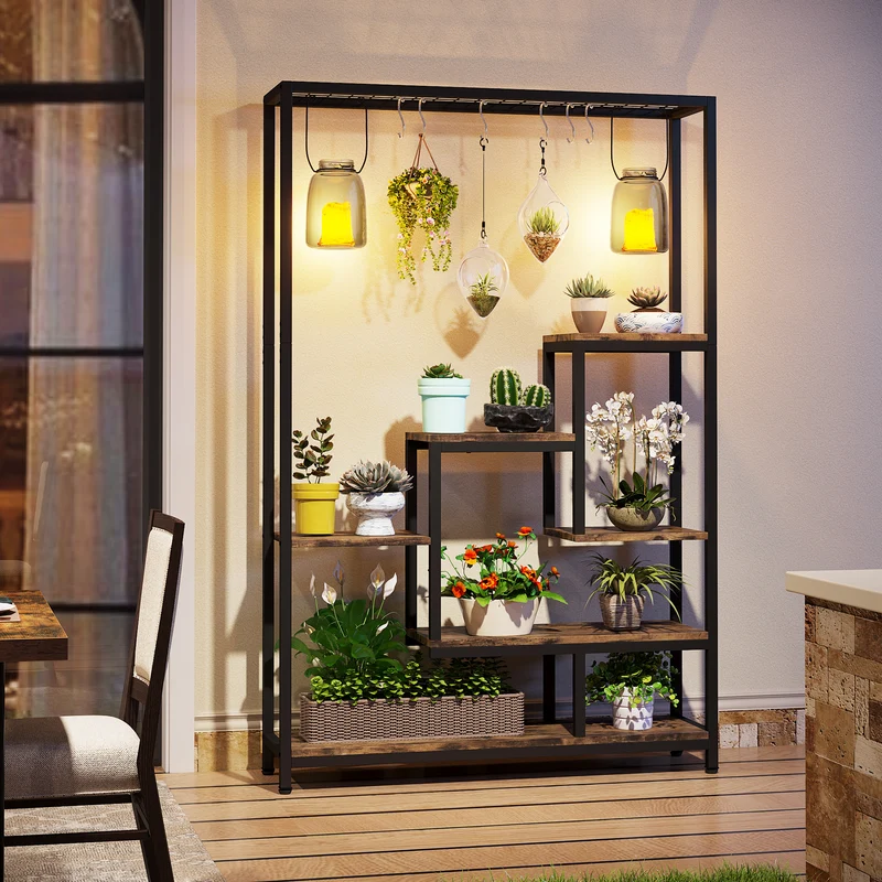 Tribesigns Support pour plantes d'intérieur à 5 niveaux, Étagère en métal avec 10 crochets de suspension en S