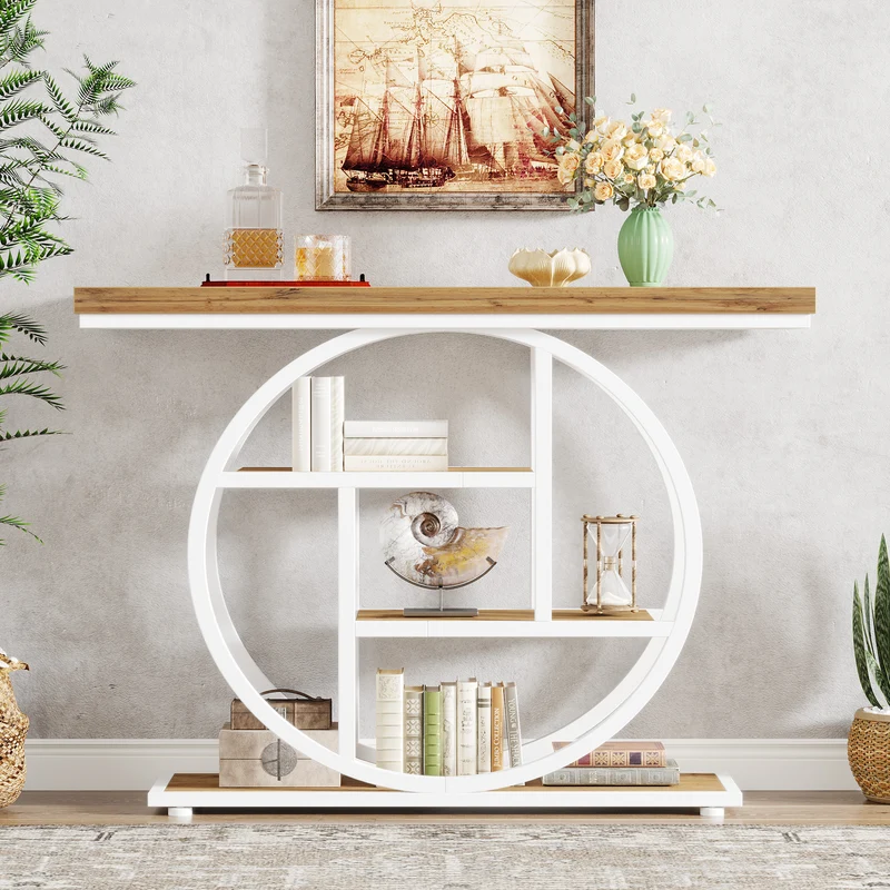 Tribesigns Table console à 4 niveaux avec base circulaire, Tables d'appoint étroites en bois