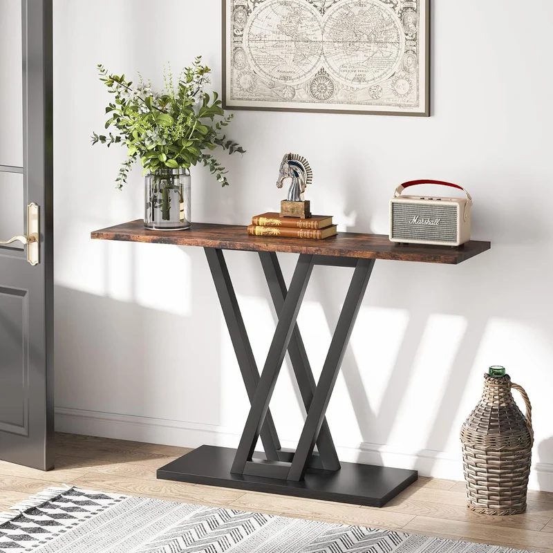Tribesigns Table console industrielle, Console d’entrée étroite avec cadre en métal