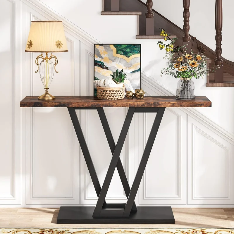Tribesigns Table console industrielle, Console d’entrée étroite avec cadre en métal