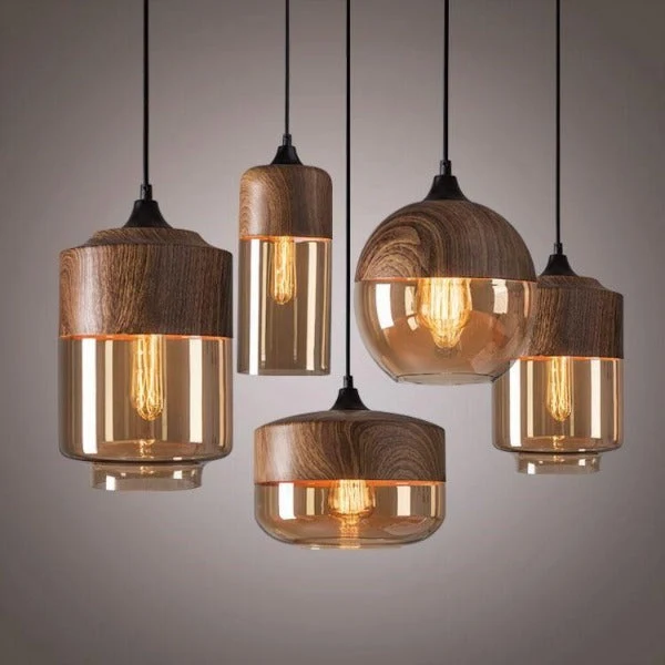 Suspension Industrielle Bois Et Verre