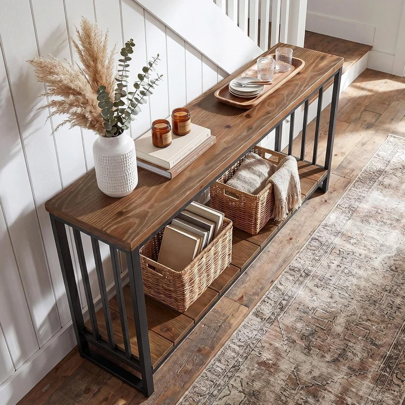 Tribesigns Table console en bois massif (140 cm), Table d'entrée étroite de style champêtre avec étagère