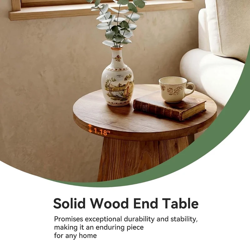 Tribesigns Table d'appoint ronde en bois massif avec piètement trapézoïdal, Table de canapé compacte