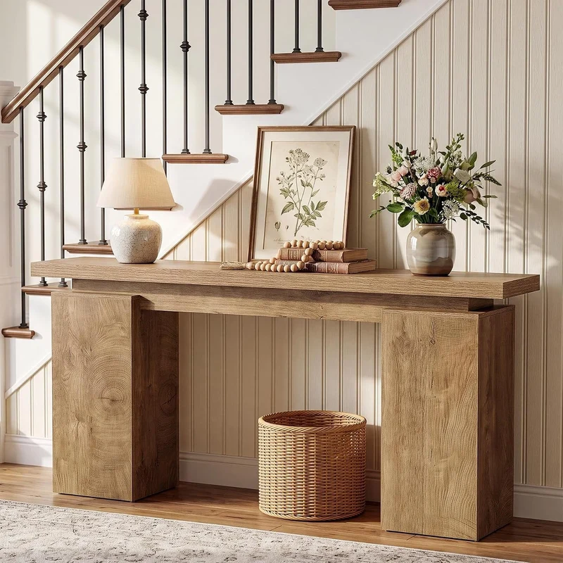 Tribesigns Console étroite avec structure géométrique, Table d'entrée effet bois