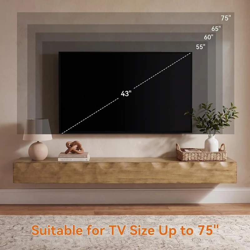 Tribesigns Meuble TV mural 160 cm en bois massif, Étagère TV suspendue pour écrans jusqu'à 75 pouces