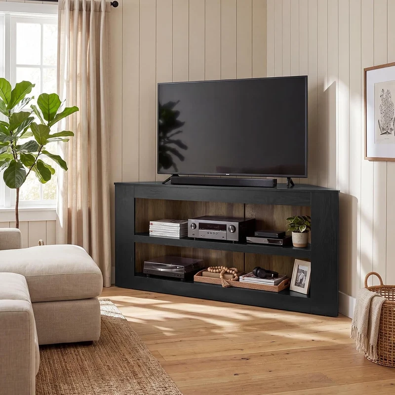 Tribesigns Meuble TV d'angle à 2 niveaux, Meuble TV trapézoïdal