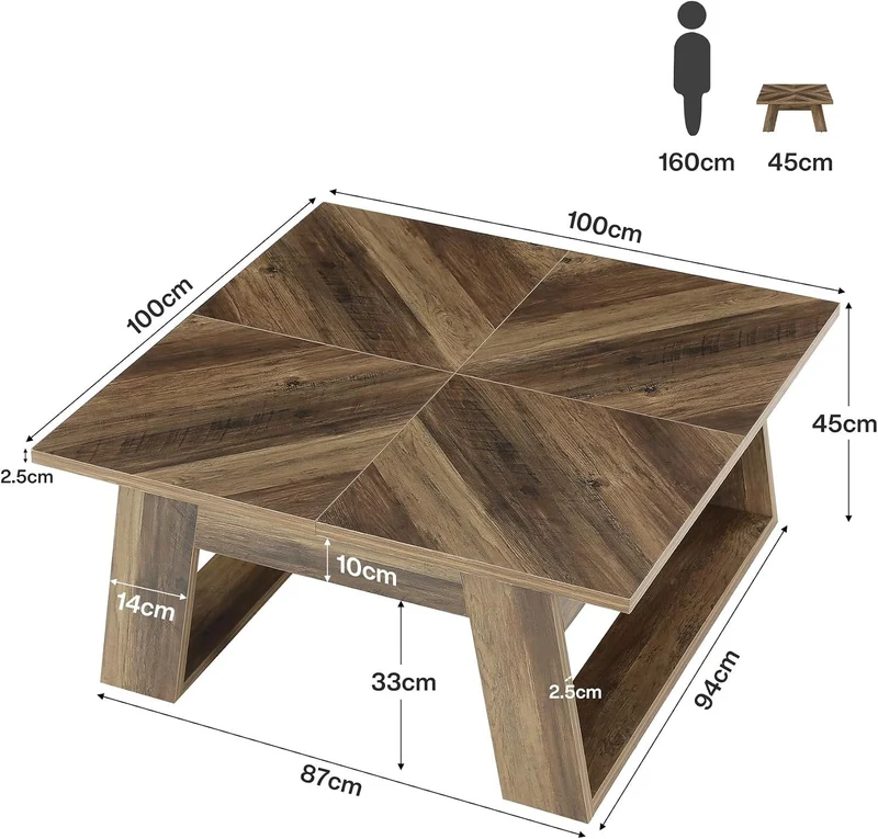 Tribesigns Table basse carrée 100 cm, Table de salon style maison de campagne