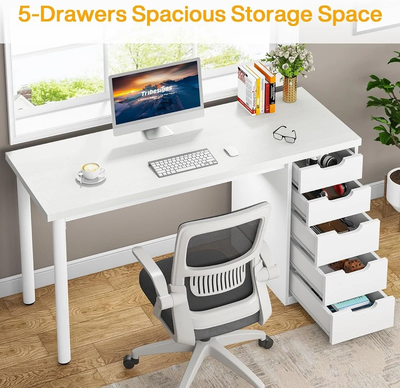 Tribesigns Bureau 120 cm avec 5 tiroirs Bureau d'ordinateur compact avec espaces de rangement