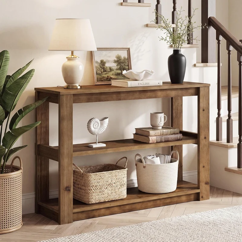 Console en bois massif, Petite table d'entrée de 105 cm avec rangement Table rectangulaire pour derrière le canapé