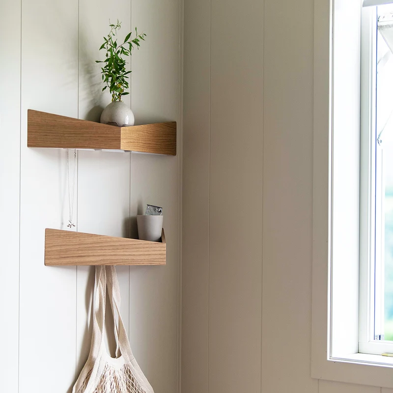 Pelican Wall Shelf with Hidden Hooks · Small Oak