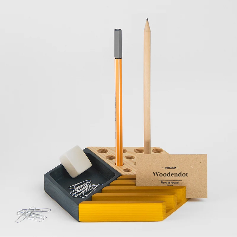 Kesito Desk Organizer · Blue, mustard and wood