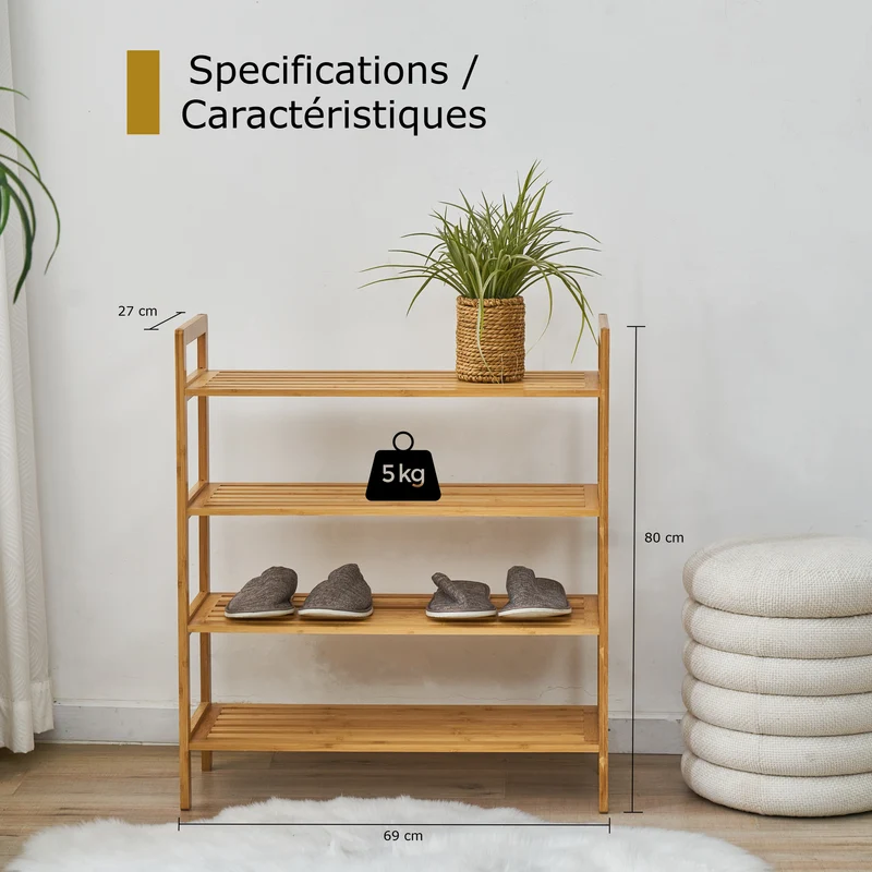 Zynix Natural Bamboo 4-Tier Shoe Rack