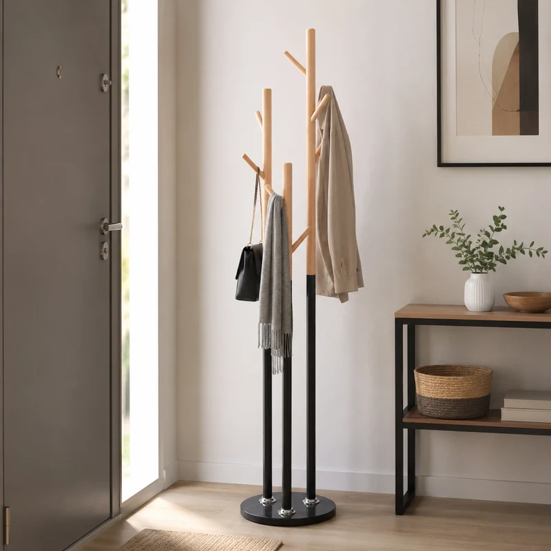 Zynix Premium Beech Wood Coat Rack with Black Marble Base