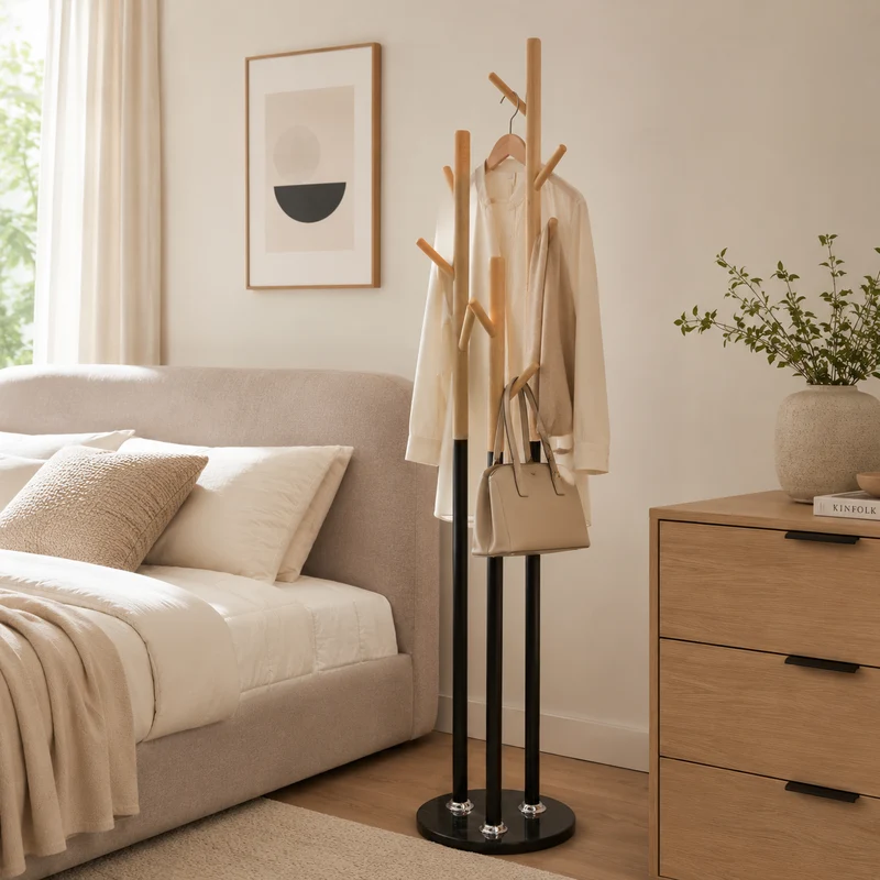Zynix Premium Beech Wood Coat Rack with Black Marble Base
