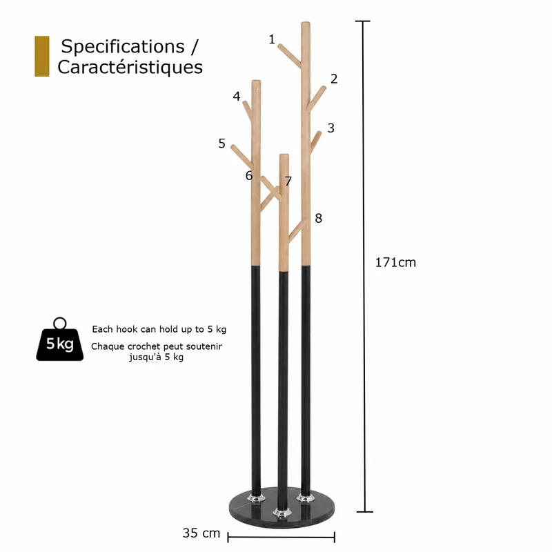 Zynix Premium Beech Wood Coat Rack with Black Marble Base