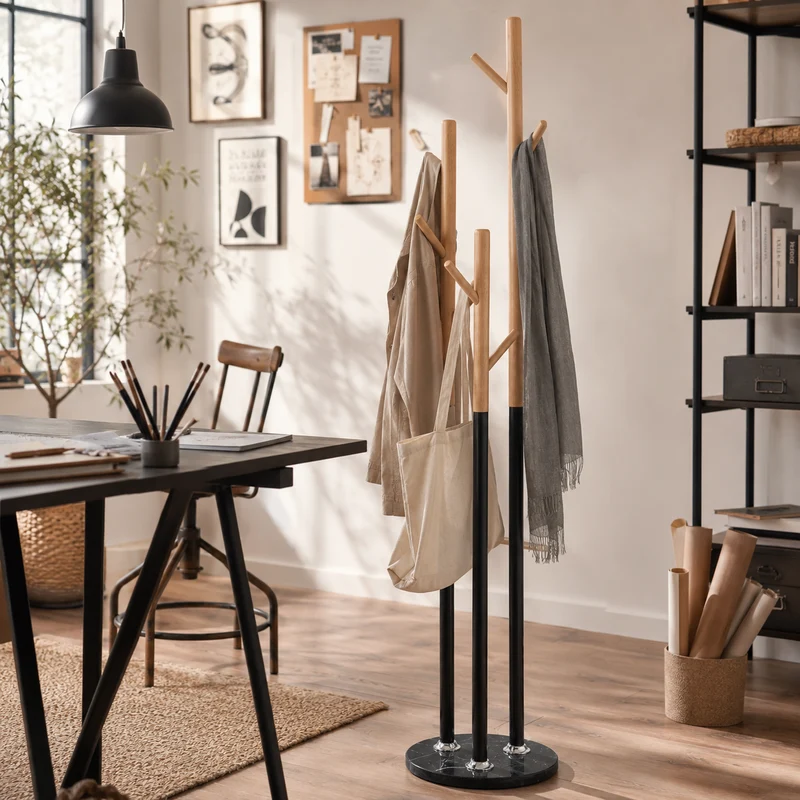 Zynix Premium Beech Wood Coat Rack with Black Marble Base