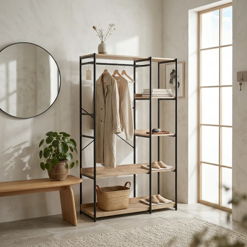 Zynix Premium Heavy-Duty Garment Rack with 4 Shelves, Light Oak