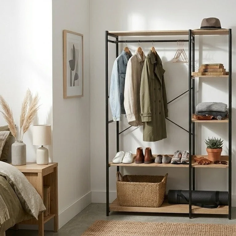 Zynix Premium Heavy-Duty Garment Rack with 4 Shelves, Light Oak