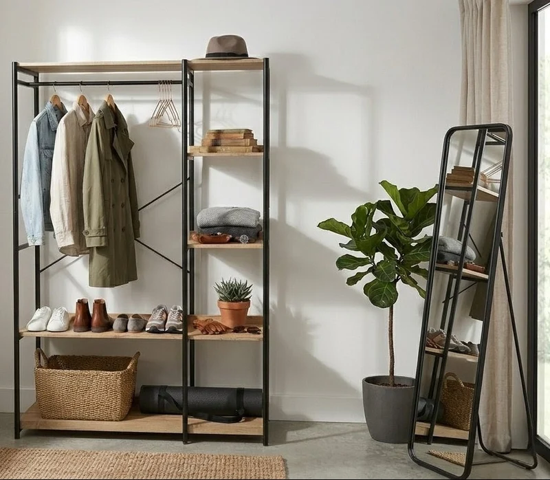 Zynix Premium Heavy-Duty Garment Rack with 4 Shelves, Light Oak