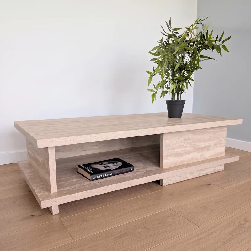 Zynix Rectangular Traverline Coffee Table with Storage Shelf
