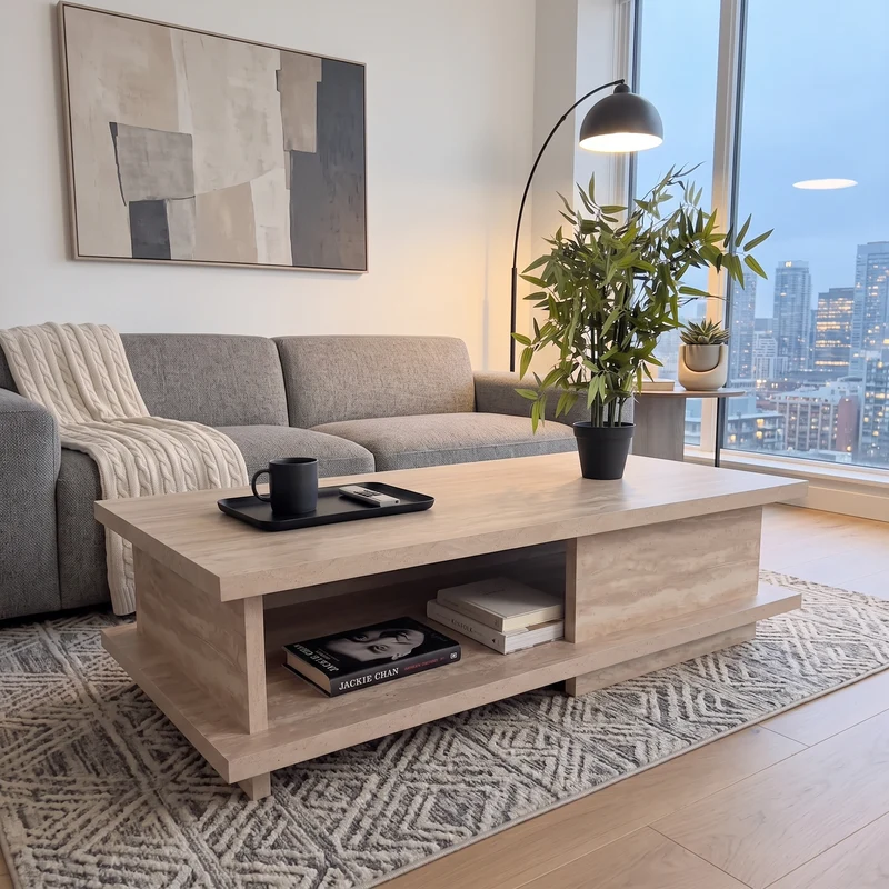 Zynix Rectangular Traverline Coffee Table with Storage Shelf