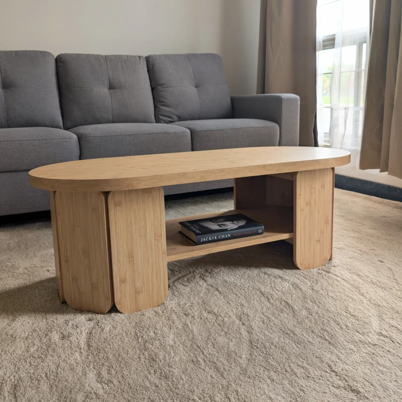 Zynix Oval Coffee Table with Lower Shelf, Natural Bamboo Finish
