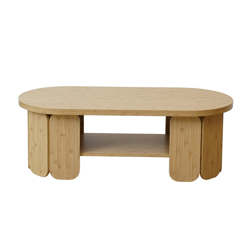 Zynix Oval Coffee Table with Lower Shelf, Natural Bamboo Finish