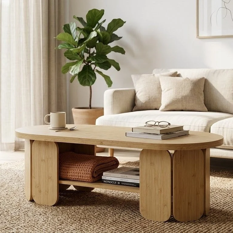 Zynix Oval Coffee Table with Lower Shelf, Natural Bamboo Finish