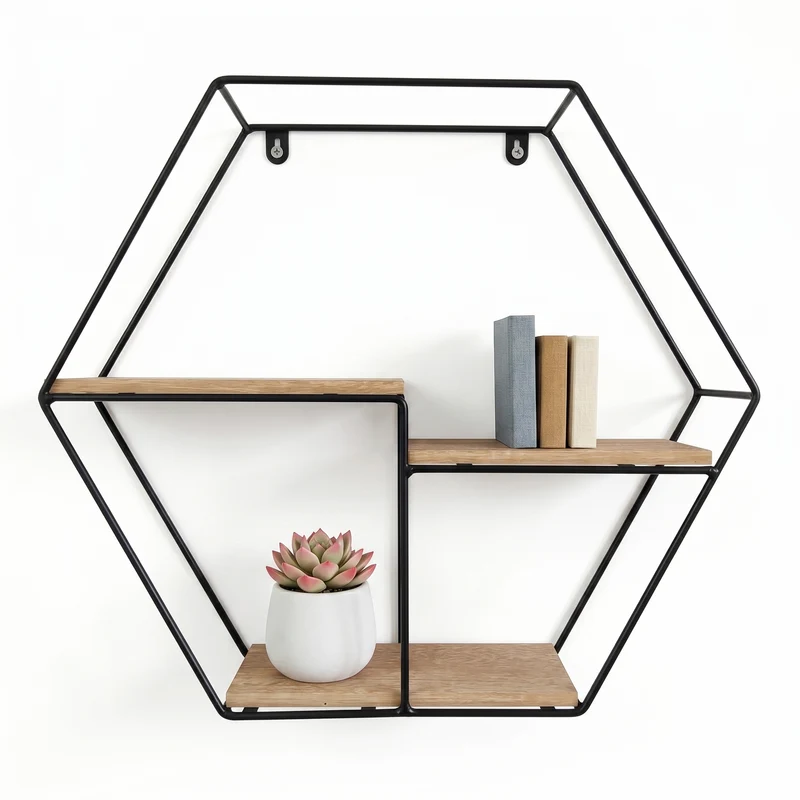 Zynix Hexagonal Wall Shelf | Modern Wood & Metal Design