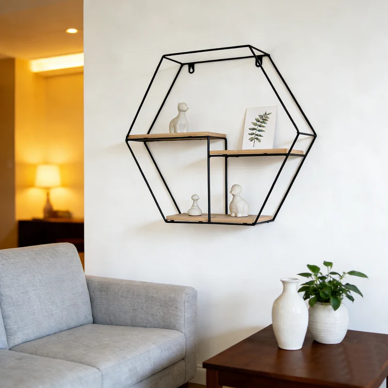 Zynix Hexagonal Wall Shelf | Modern Wood & Metal Design