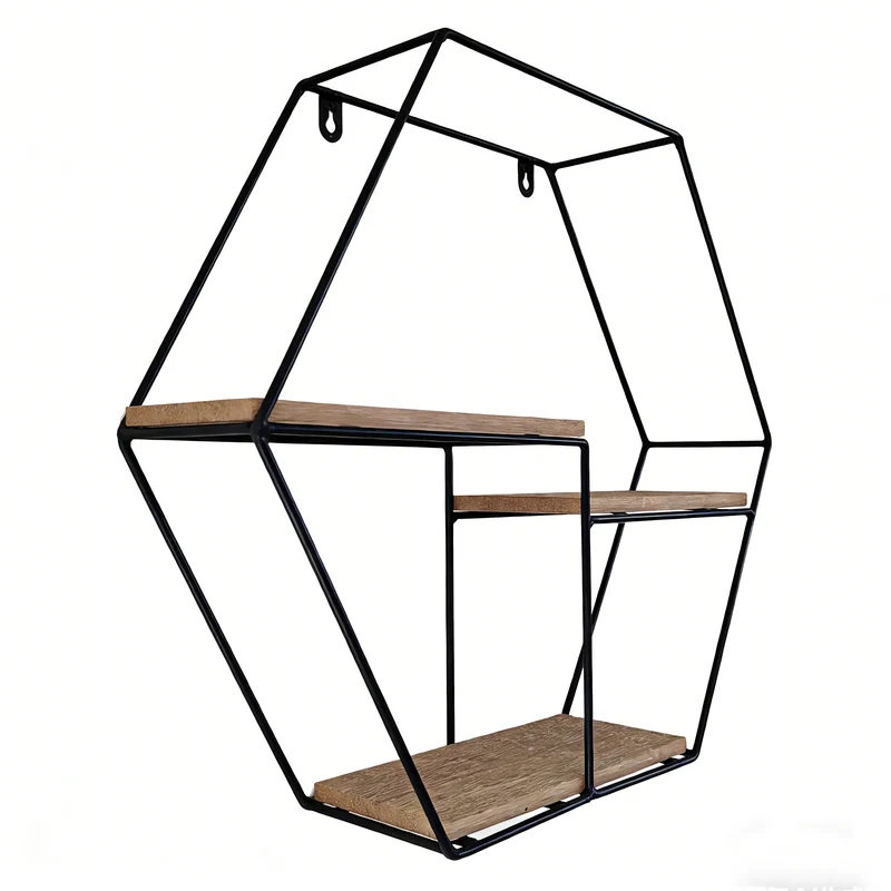 Zynix Hexagonal Wall Shelf | Modern Wood & Metal Design