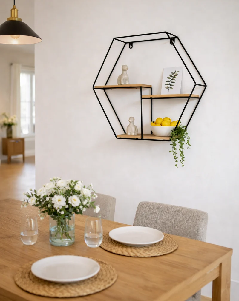 Zynix Hexagonal Wall Shelf | Modern Wood & Metal Design