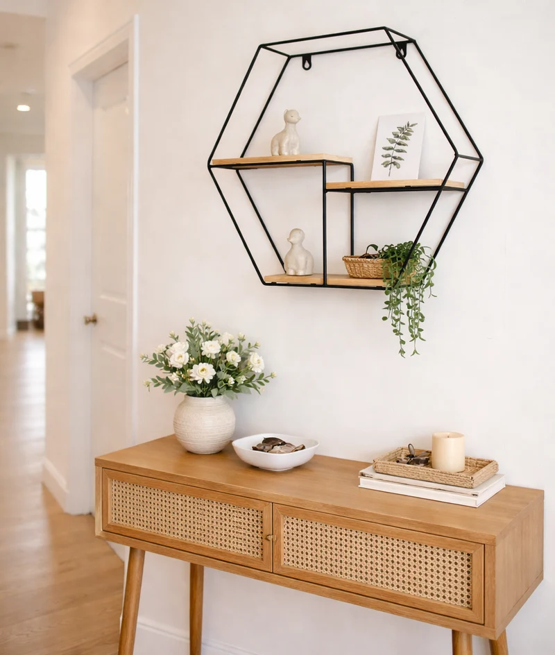 Zynix Hexagonal Wall Shelf | Modern Wood & Metal Design