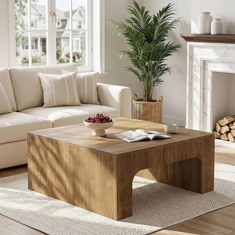 Tribesigns Table basse carrée de 100 cm, Grande table de salon style champêtre au design incurvé