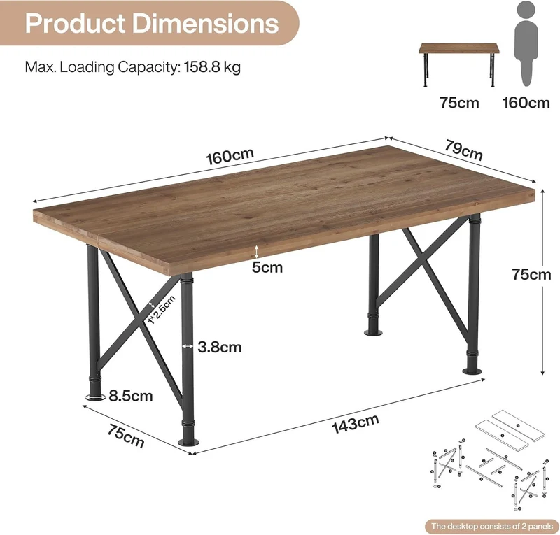 Bureau en bois massif 160 cm, Bureau d'ordinateur style industriel avec pieds en métal en X